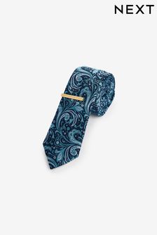 Navy Blue Paisley Slim Pattern Tie And Tie Clip (M44293) | SGD 24