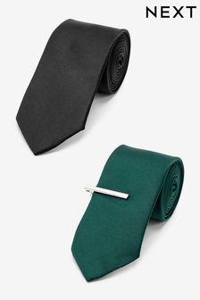 Black/Forest Green Twill Ties With Tie Clip 2 Pack (M44908) | AED67