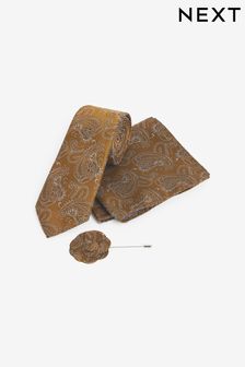 Золотой - Стандартный крой - Галстук, платок для нагрудного кармана и заколки с лацканами (M44915) | €18