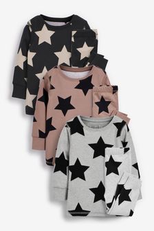  (M47042) | €34 - €48 Marrone chiaro/grigio con stelle - Confezione da 3 pigiami comodi (9 mesi - 12 anni)