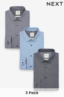 Navy Blue/Check/Grey Plain Slim Fit Single Cuff Shirts 3 Pack (M47905) | AED205