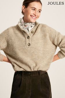 Joules Kayleigh Beige Button Neck Ribbed Jumper (M48341) | $120