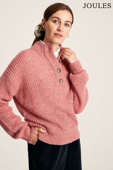 Joules Kayleigh Pink Button Neck Ribbed Jumper (M48342) | AED388