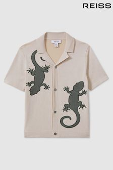 Reiss Stone/Green Reggie Teen Knitted Reptile Cuban Collar Shirt (M48780) | €70