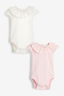 White / Pink 2 Pack Frill Collar Short Sleeved Bodysuits (M49444) | HK$100 - HK$116