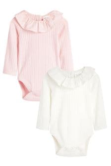 White/Pink 2 Pack Long Sleeved Frill Collar Bodysuits (M49452) | €16.50 - €18.50