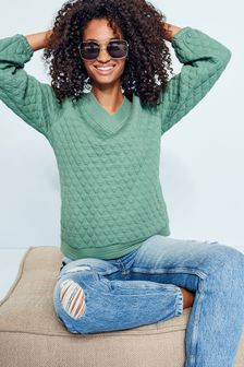 Green Quilted V-Neck Sweatshirt (M49916) | CA$74