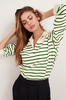 Green/Ecru White Stripe Long Sleeve Polo Neck Sweatshirt (M50060) | €34