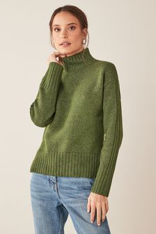 Zielony khaki - Prążkowany sweter ze zdobieniem i stójką (M50065) | 124 zł