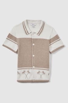 Reiss Taupe/Optic White Bowler Velour Embroidered Striped Shirt (M50330) | SGD 149
