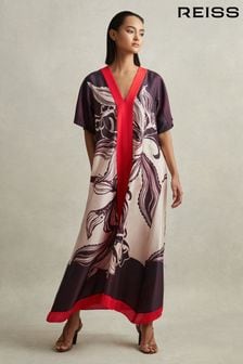 Reiss Ivory/Burgundy Hanna Printed Front Split Midi Dress (M50921) | €345