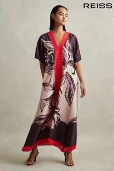 Reiss Ivory/Burgundy Hanna Printed Front Split Midi Dress (M50921) | $438