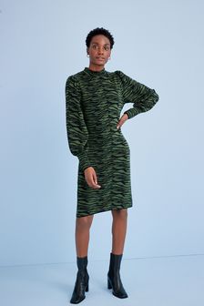 Khaki Green Jacquard Animal Print Dress (M51047) | $61