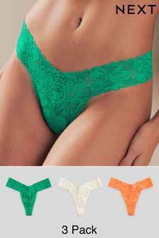 Green/Orange/Cream Thong Floral Lace Knickers 3 Pack (M51934) | kr139