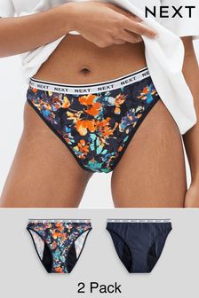 Navy Floral Print/Plain Navy High Leg Heavy Flow Period Knickers 2 Pack (M51961) | €29