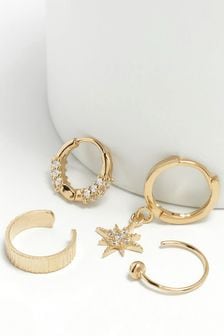 Sterling Silver Gold Plated Celestial Hoop Earrings Pack (M52389) | €11