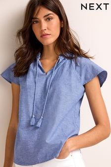 Blue Chambray Capped Sleeve V-Neck Top With Linen (M52799) | 65 zł