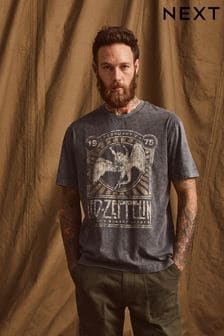 Grey Acid Wash Led Zeppelin Regular Fit Band Cotton T-Shirt (M54024) | SGD 39