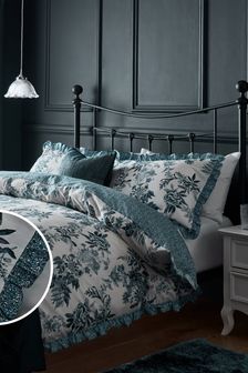 Blue Reversible Floral With Ditsy Contrast Frill Duvet Cover and Pillowcase Set (M54888) | $59 - $104