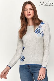 Siv pulover s cvetlicami za drobne postave M&co (M55501) | €29