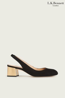L.K.Bennett Black Trudy Gold Heel Round Toe Slingback Shoes (M55858) | ₪ 648