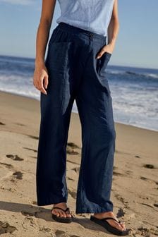 Bleu marine - Pantalon en mélange de lin coupe large (M56305) | €19