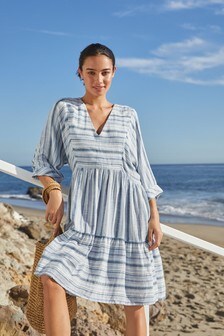 Blue Stripe Linen Blend Kaftan Summer Dress (M56704) | €39