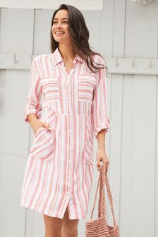 Red/Cream Stripe Linen Blend Mini Summer Shirt Dress (M56707) | 12,590 Ft