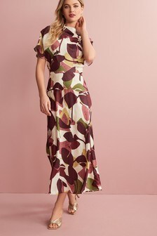 Berry and Green Print Cowl Neck Midi Dress (M58437) | $61