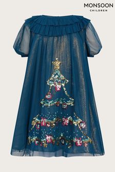 Monsoon Trapezkleid aus recyceltem Polyester mit Weihnachtsbaumdesign, Blau (M59265) | 46 € - 53 €
