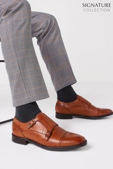 Tan Brown Signature Leather Double Monk Strap Shoes (M60941) | 109 €