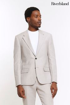 River Island Grey Linen Single Breasted Slim Fit Suit Jacket (M61422) | LEI 597