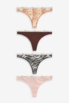 Animal/Pink/Brown Thong Cotton Rich Logo Knickers 4 Pack (M62193) | ₪ 54