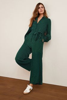 Green Jacquard Collared Tie Waist Jumpsuit (M62256) | 87 €