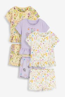Cream/Lilac Floral Embroidery 3 Pack Short Pyjamas (9mths-12yrs) (M63281) | KRW37,800 - KRW52,600