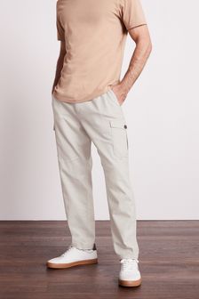Light Grey Relaxed Tapered Fit Linen Blend Cargo Trousers (M65072) | ₪ 89