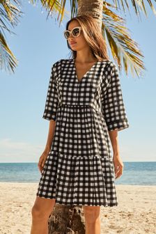Black Gingham Linen Blend Kaftan Summer Dress (M65495) | $48