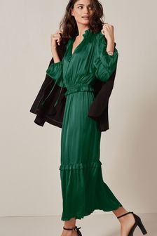 Bright Green Satin Tie Neck Midi Dress (M65521) | $60