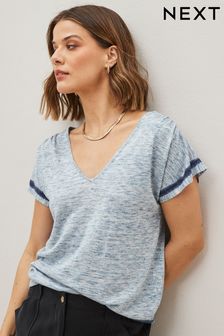 淡藍色 - V領亞麻T恤 (M65795) | HK$226