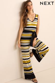 Mustard Yellow & Black/White Stripe Rib Knit Tie Waist Wide Leg Jumpsuit (M65807) | 28 €