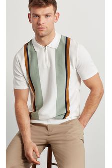 Ecru White/Sage Green Stripe Knitted Polo Shirt (M66179) | 140 QAR