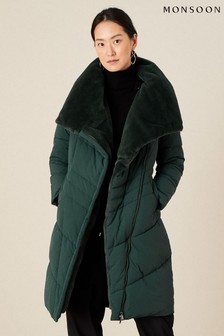 Monsoon Green Faux Fur Collar Padded Coat (M66348) | €140