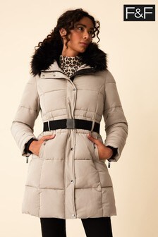 F&F Natural Faux-Fur Hood Belted Padded Coat