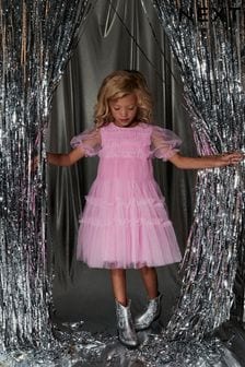 Pink Tulle Mesh Puff Sleeve Occasion Party Dress (3-16yrs) (M66857) | AED145 - AED174