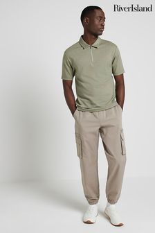 River Island Green Herringbone Regular Fit Zip Polo Shirt (M68286) | €34