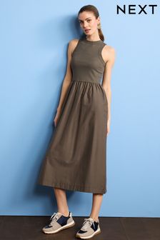 Taupe Brown Ribbed Sleeveless Vest Poplin Mix Midi Cotton Blend Dress (M68340) | €14