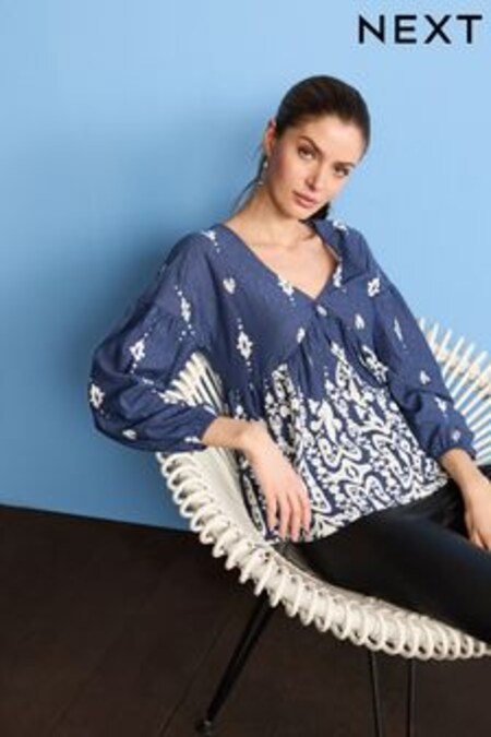 Navy Blue Long Sleeve V-Neck Blouse (M68345) | 25 €