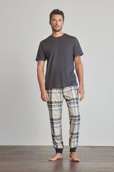 Grey/Stone Natural Check Long Sleeve Next Motion Flex Cosy Cuffed Pyjama Set (M68899) | TRY 672