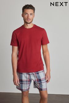紅色/灰色 - 短褲 - 棉質方格圖案睡衣套裝 (M68907) | HK$233