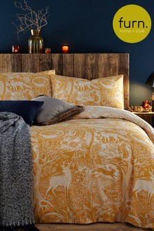 furn. Ochre Yellow Winter Woods Animal Reversible Duvet Cover and Pillowcase Set